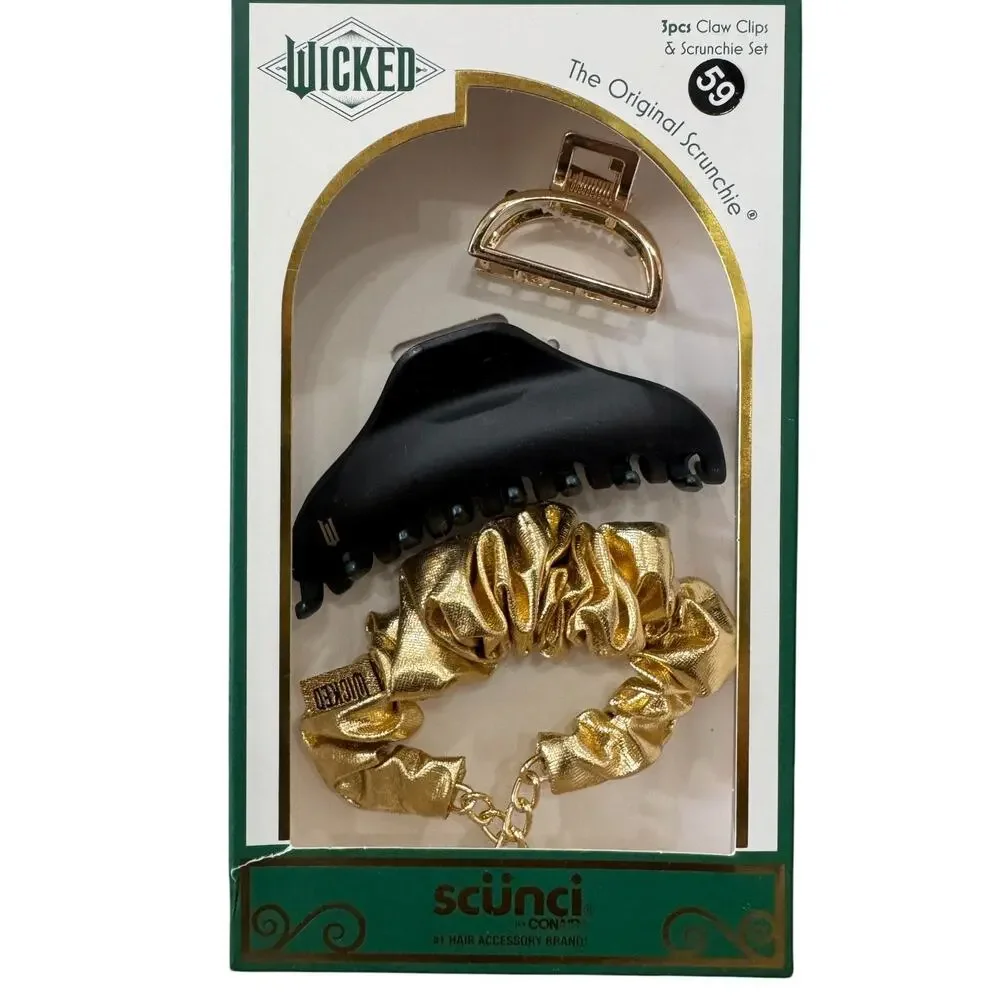 Wicked Scunci Hair Accessory Set 2 Claw Clips 1 Scrunchie Gold Black NIP